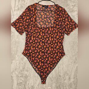 Forever 21 Black Floral Bodysuit with Orange and Pink Accents